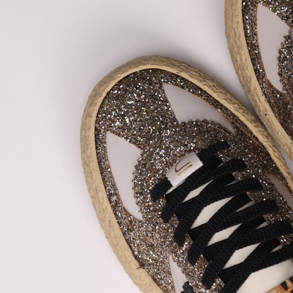Puraai CONFETTI Vegan Leather White And Glitter Platinum Logo And Detail Black.Outsole Vanilla Double Lace Black And Printed Leopard. Vintage Finishing.CONFETTI