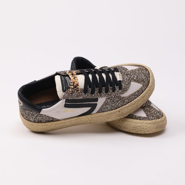 Puraai CONFETTI Vegan Leather White And Glitter Platinum Logo And Detail Black.Outsole Vanilla Double Lace Black And Printed Leopard. Vintage Finishing.CONFETTI
