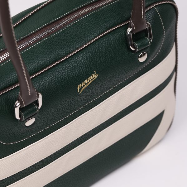 Puraai EVERGREEN Vegan Leather Green With White Logo And Old Gold Details. Handle Black. Logo Printed Butter