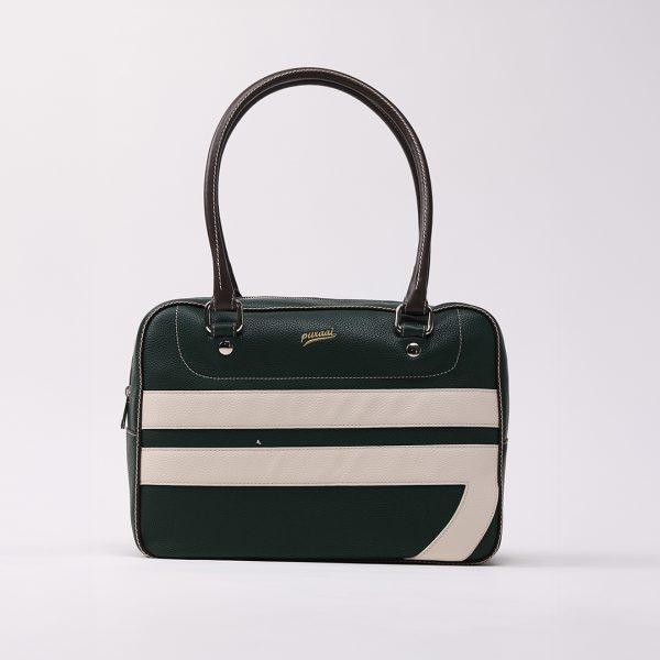 puraai EVERGREEN Vegan leather green with white logo and old gold details. handle black. Logo printed butter