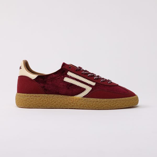 puraai FIGUE Microsuede and velvet bordeaux logo and detail butter.Outsole honey lace white and bordeaux.FIGUE