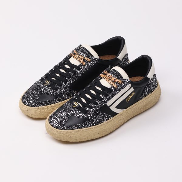 Puraai GLIMMER Vegan Leather Black And Glitter Black Logo And Detail White.Outsole Vanilla Double Lace Black And Printed Leopard.Vintage Finishing.GLIMMER