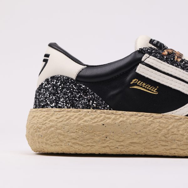 Puraai GLIMMER Vegan Leather Black And Glitter Black Logo And Detail White.Outsole Vanilla Double Lace Black And Printed Leopard.Vintage Finishing.GLIMMER