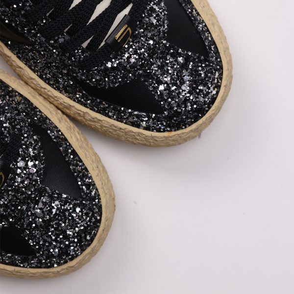 Puraai GLIMMER Vegan Leather Black And Glitter Black Logo And Detail White.Outsole Vanilla Double Lace Black And Printed Leopard.Vintage Finishing.GLIMMER