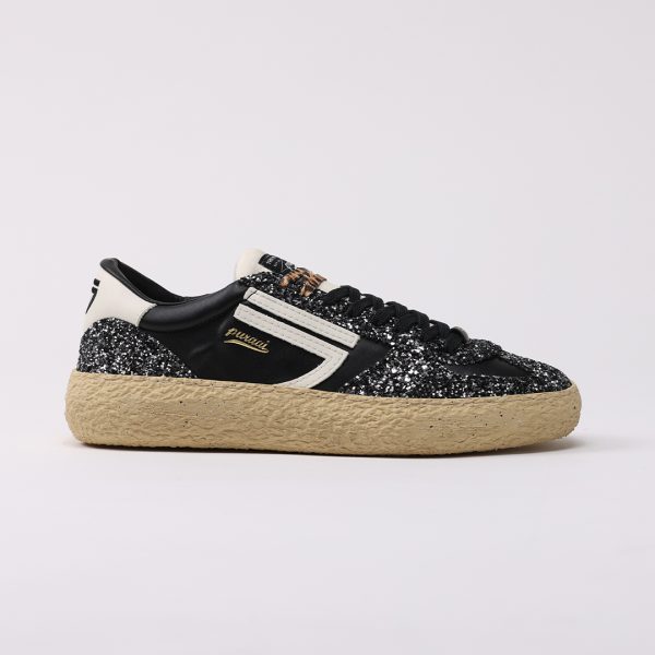 puraai GLIMMER Vegan leather black and glitter black logo and detail white.Outsole Vanilla double lace black and printed leopard.Vintage finishing.GLIMMER
