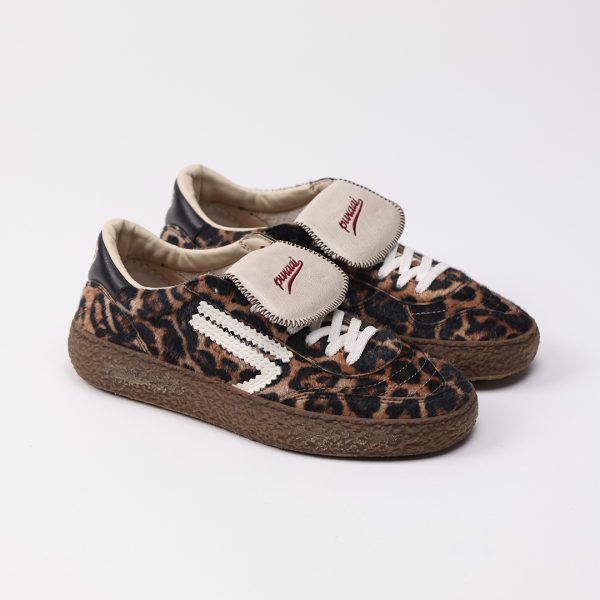 Puraai JAGUAR TAB Vegan Pony Printed Leopard Logo And Tab Butter. Detail Black Outsolechoccolate And Lace White.JAGUAR TAB