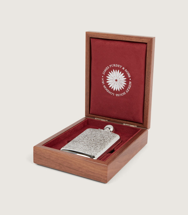 purdey 6oz Sterling Silver Gun Scroll Engraved Flask With Walnut Case