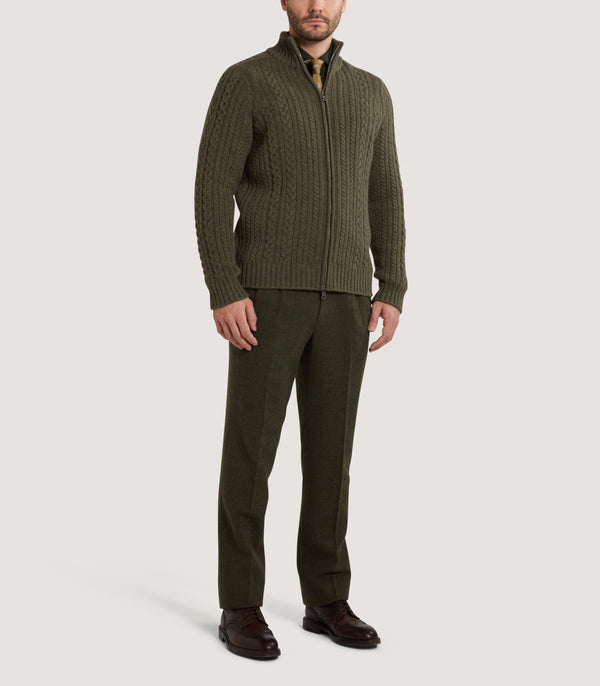 Purdey Men's Burlington Wool Cashmere Cable Knit Zip Cardigan In Moss