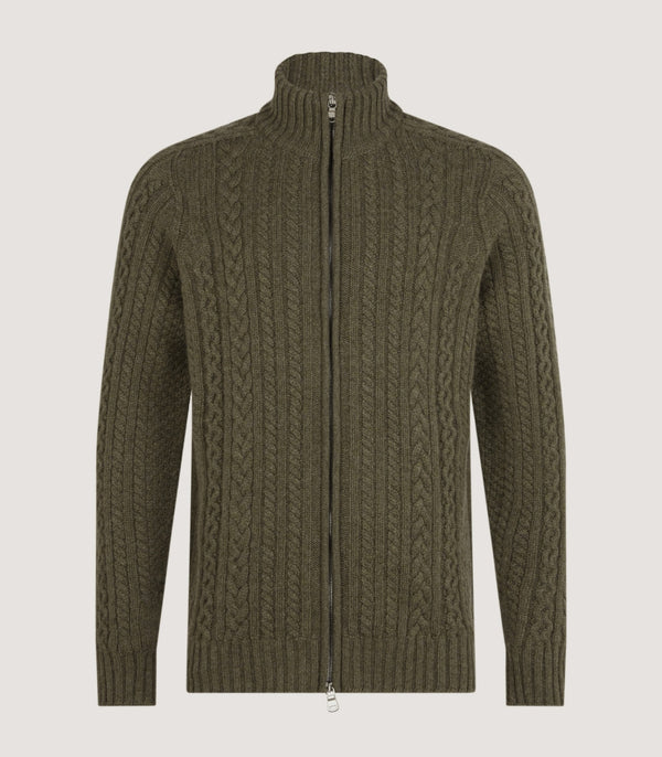 purdey Men's Burlington Wool Cashmere Cable Knit Zip Cardigan in Moss