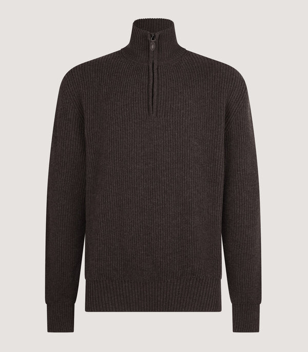 purdey Men's Clifford Wool Cashmere Ribbed Quarter Zip Sweater in Peppercorn