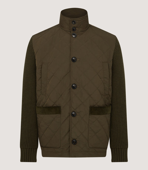 purdey Men's Devonshire Nylon Quilted Zip Front Cardigan in Loden