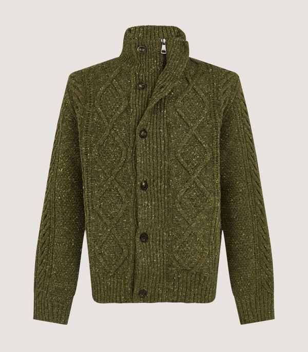 purdey Men's Donegal Aran Full Zip Cardigan in Moss