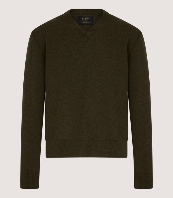 purdey Men's Ensay British Outdoor V Neck Jumper in Loden