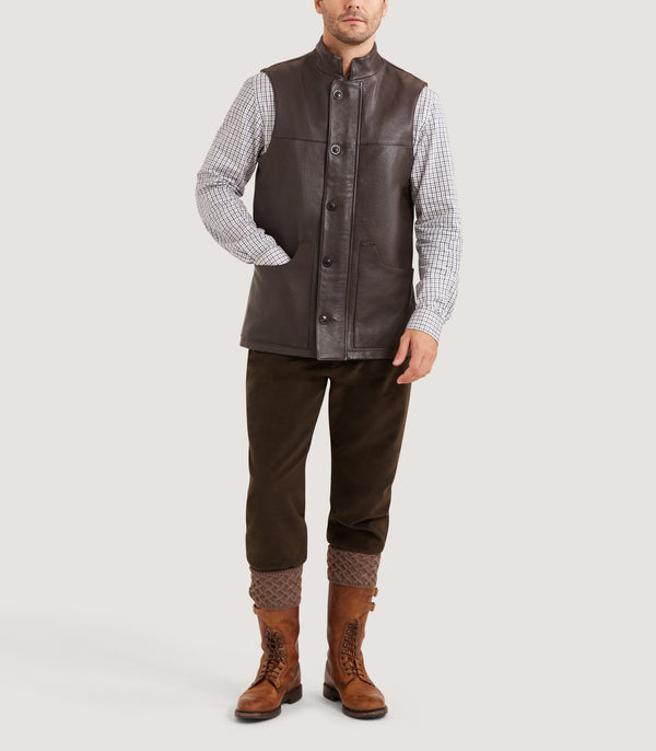 Purdey Men's High Collar Leather Sporting Vest In Brown