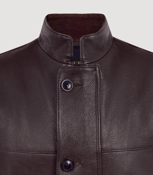 Purdey Men's High Collar Leather Sporting Vest In Brown