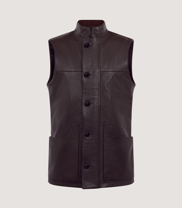 purdey Men's High Collar Leather Sporting Vest In Brown