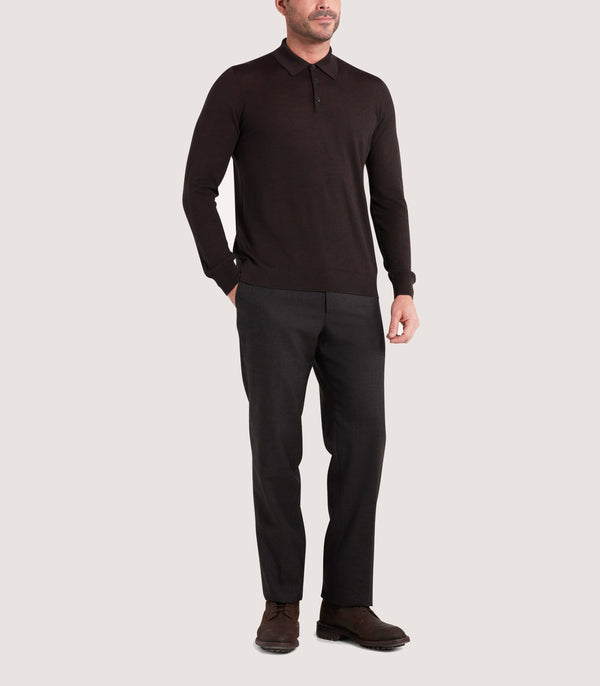 Purdey Men's Lightweight Travel Merino Long Sleeve Polo In Chocolate