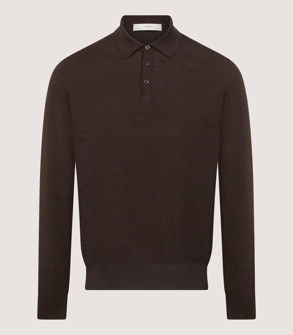purdey Men's Lightweight Travel Merino Long Sleeve Polo in Chocolate
