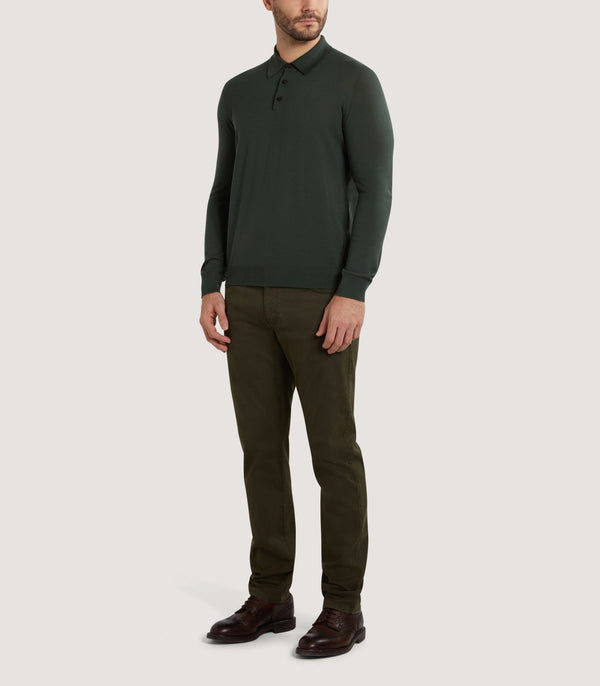 Purdey Men's Lightweight Travel Merino Long Sleeve Polo In Loden