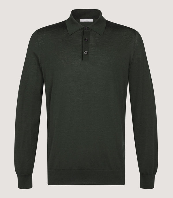 purdey Men's Lightweight Travel Merino Long Sleeve Polo in Loden