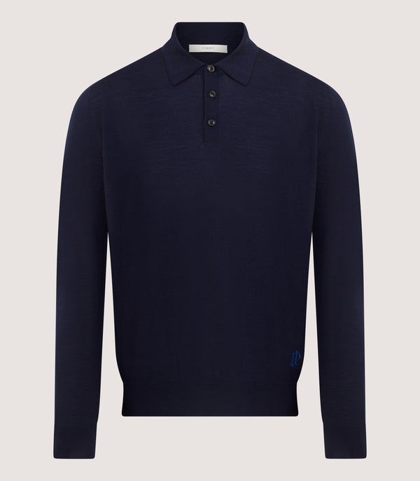purdey Men's Lightweight Travel Merino Long Sleeve Polo in Midnight