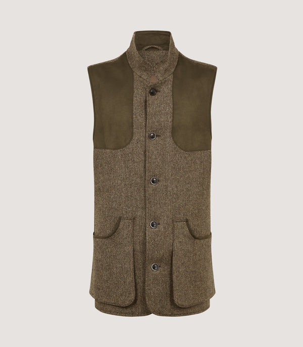 purdey Men's Lightweight Tweed High Collar Vest in Acorn