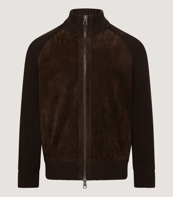 purdey Men's York Suede Zip Front Knitted Cardigan in Chocolate