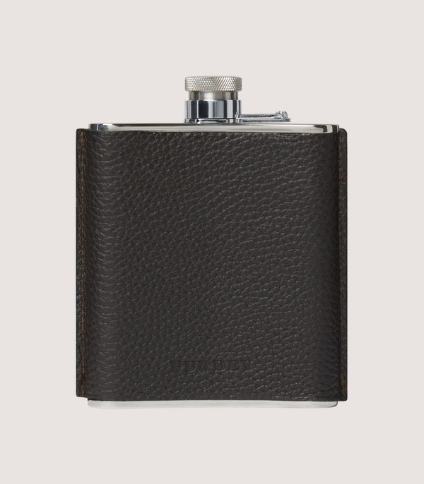 purdey Grain Leather Hip Flask In Dark Brown