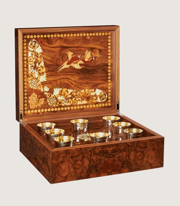 purdey Marquetry Box With Silver Cups In Natural