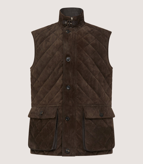 purdey Men's Suede Padded Gilet in Walnut