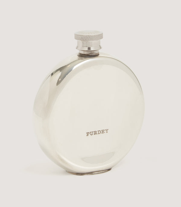 Purdey Rose And Scroll Engraved Round Pewter Flask
