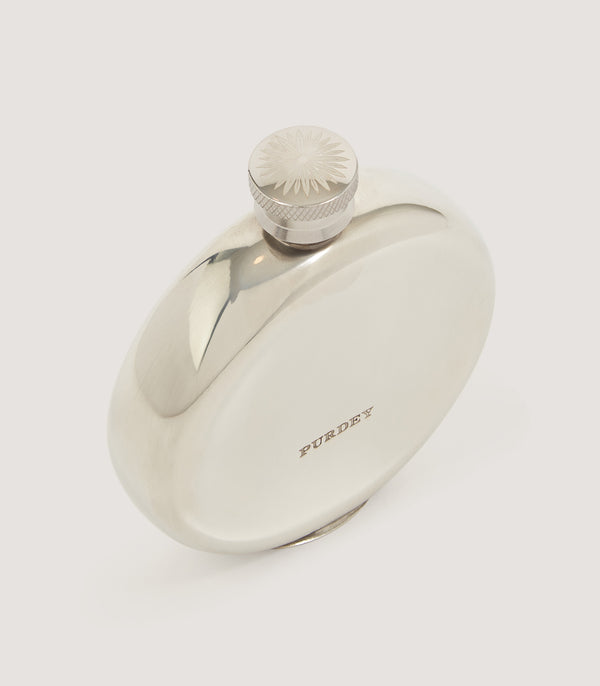 Purdey Rose And Scroll Engraved Round Pewter Flask