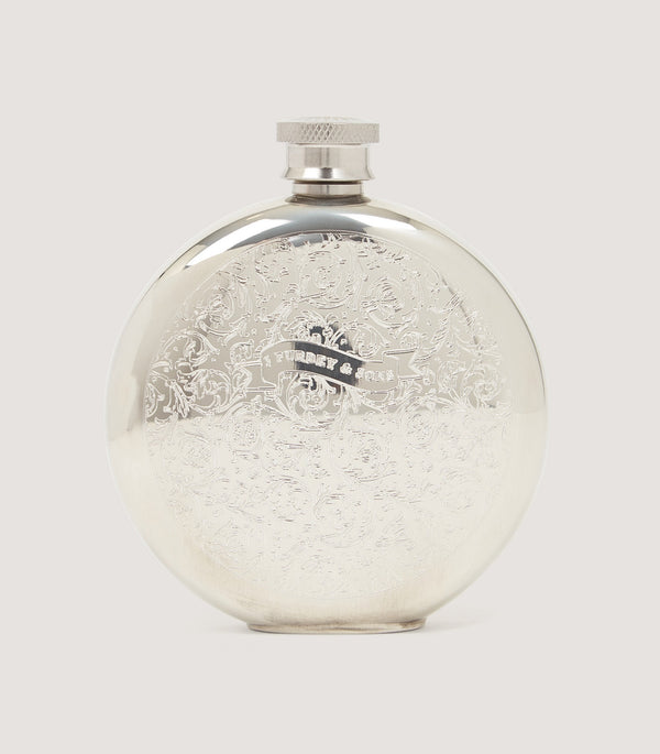 purdey Rose and Scroll Engraved Round Pewter Flask