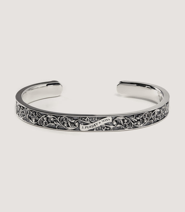 purdey Scroll Engraved Silver Cuff In Silver