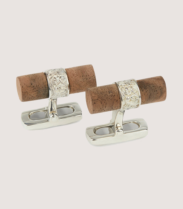 purdey Silver Scroll Walnut Bar Cufflinks In Silver
