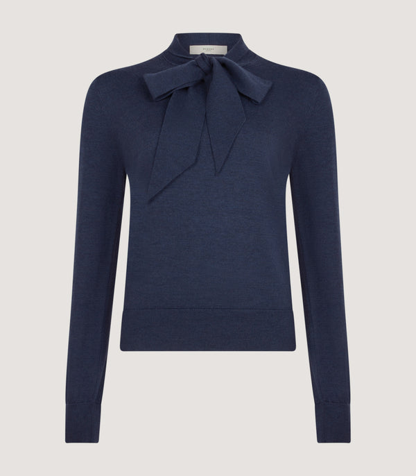 purdey Women's Newland Tie Neck Sweater in Denim Blue