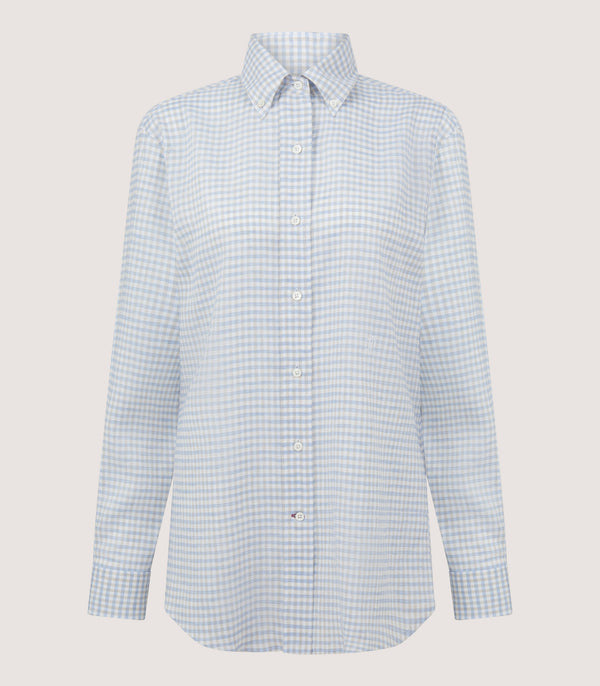 purdey Women's Pale Indigo Linen Shepherd Check Button Down Shirt