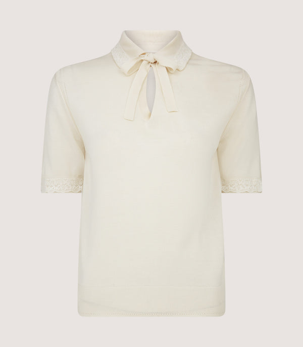 purdey Women's Silk Jersey Polo Shirt with Lace Trim in Ivory