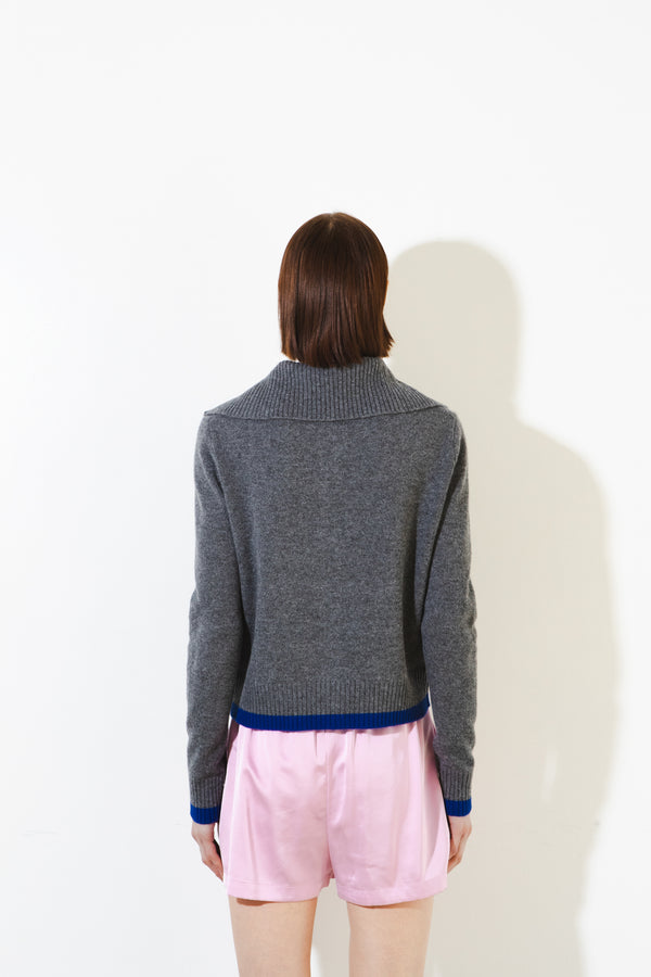 Pure Cashmere Nyc High Neck Cardigan With Color Point_Graphite & Blue