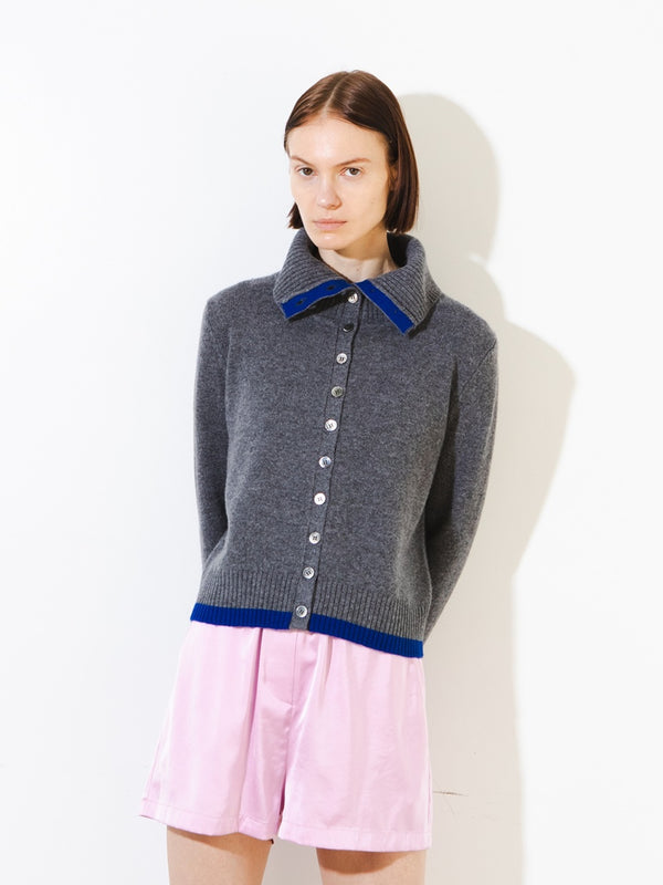 pure cashmere nyc High Neck Cardigan with Color Point_Graphite & Blue