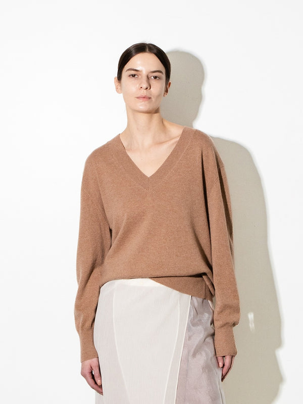 pure cashmere nyc Oversized V-neck Sweater_Camel
