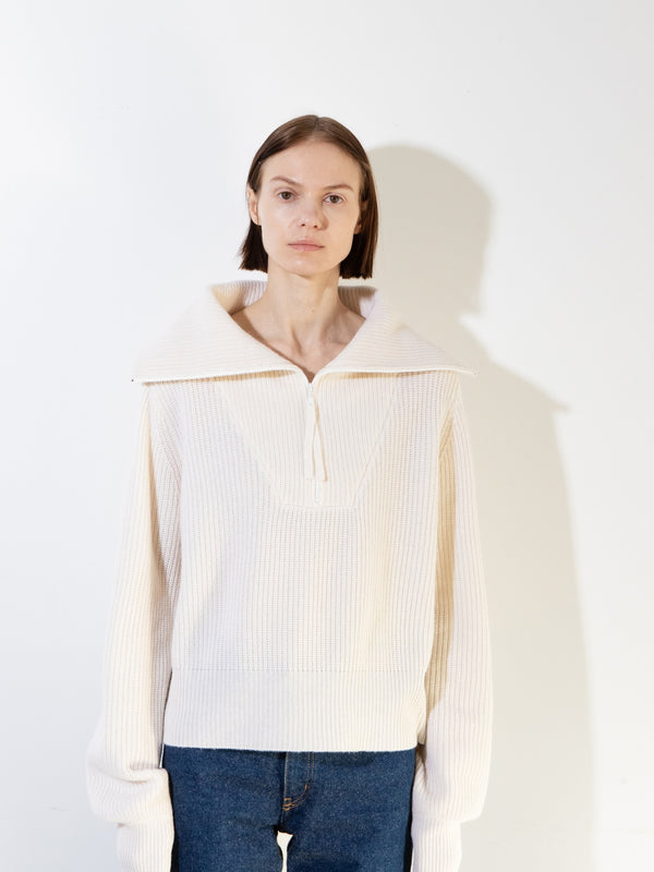 pure cashmere nyc Ribbed Half Zip Pullover_Ivory