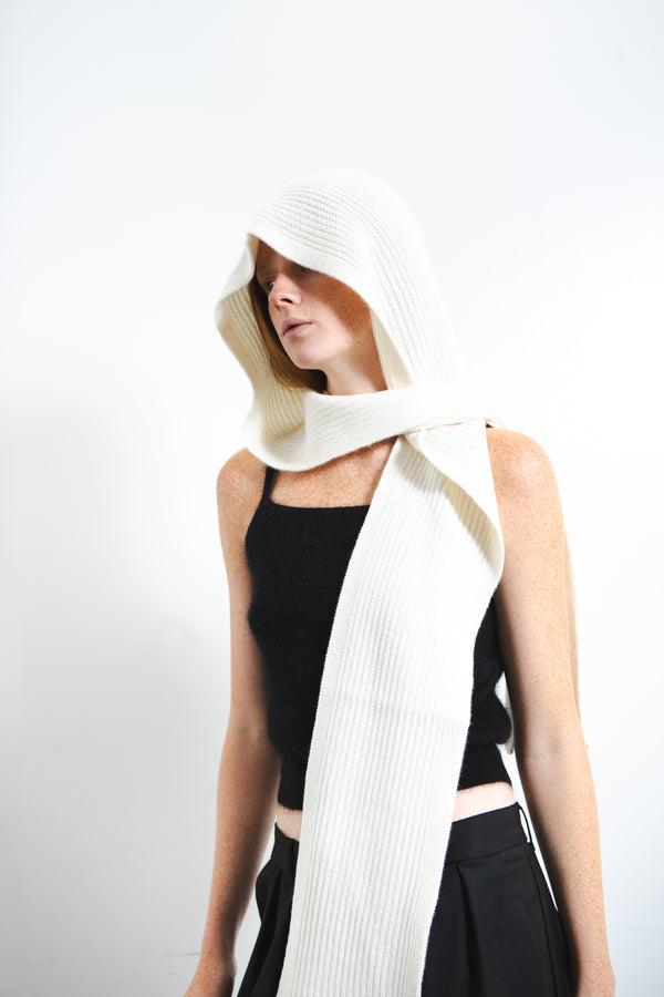 Pure Cashmere Nyc RIBBED HOODED SCARF_Ivory