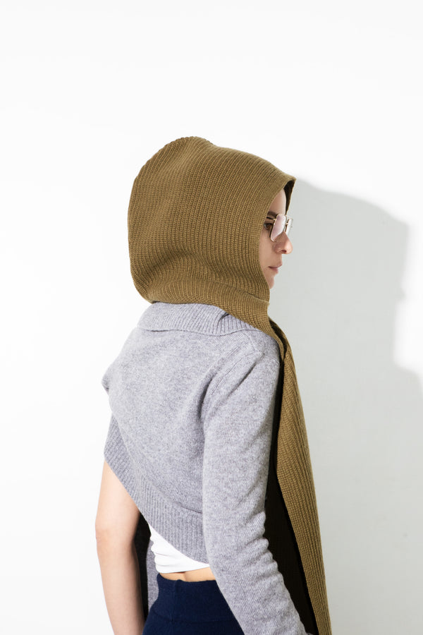 Pure Cashmere Nyc RIBBED HOODED SCARF_Khaki Green
