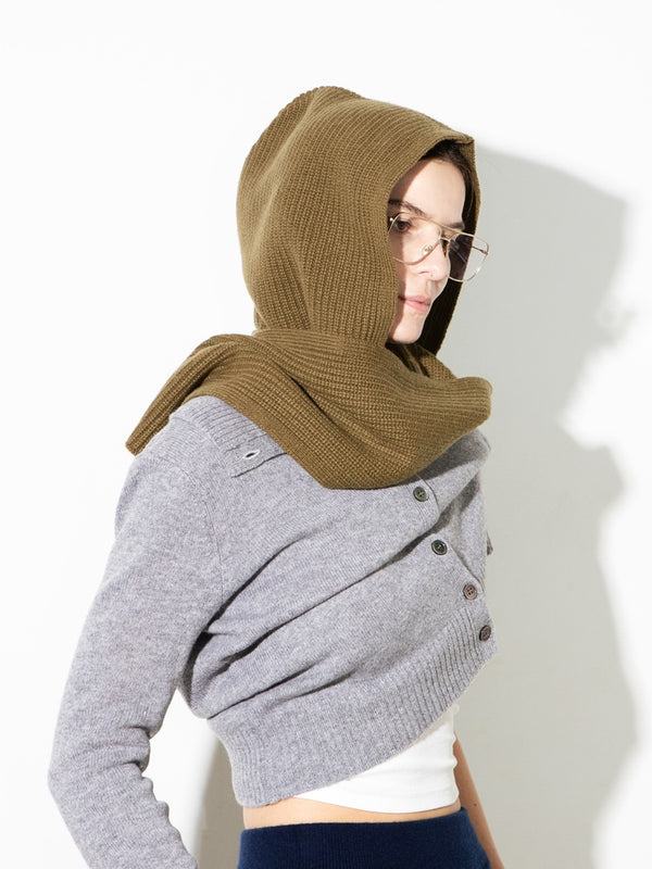 pure cashmere nyc RIBBED HOODED SCARF_Khaki Green