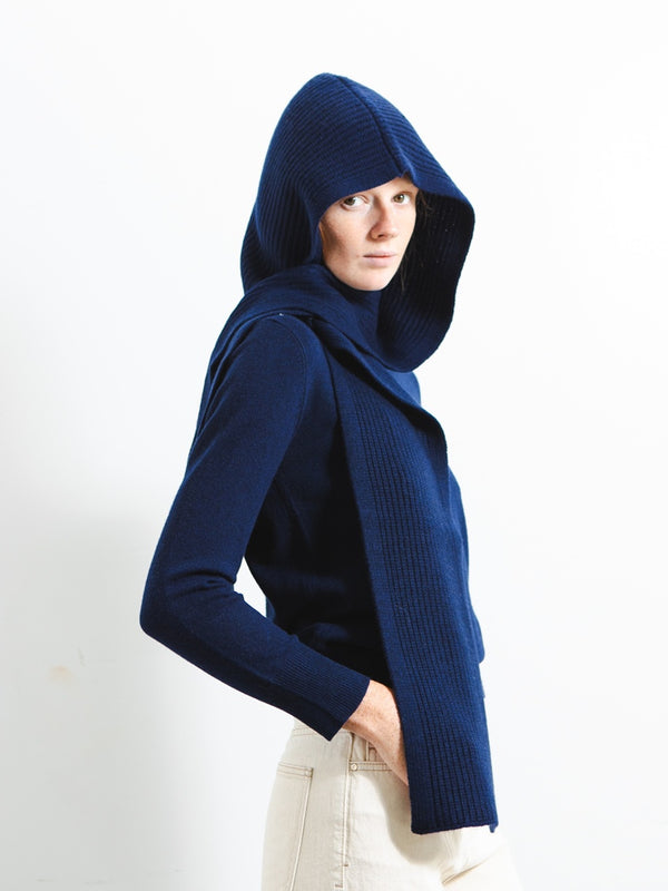 pure cashmere nyc RIBBED HOODED SCARF_Navy