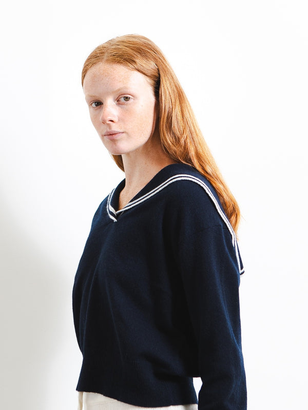 pure cashmere nyc Sailor Collar Top with Color Point_Dark Navy