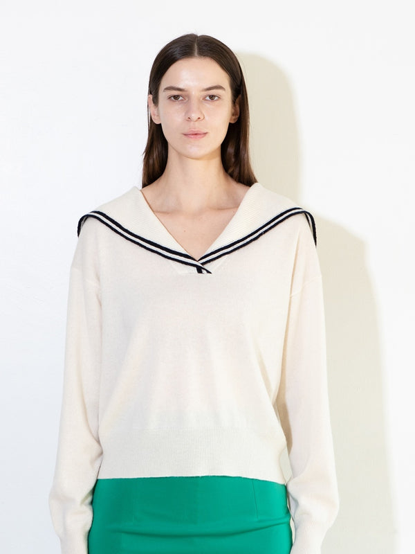 pure cashmere nyc Sailor Collar Top with Color Point_White