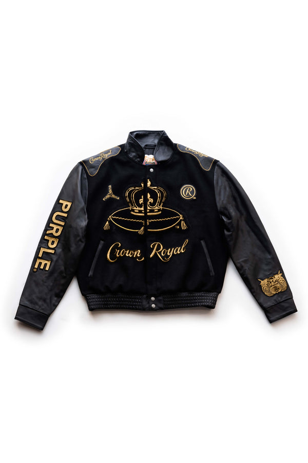 purple brand Crown Royal x PURPLE BRAND Jeff Hamilton Varsity Jacket Black
