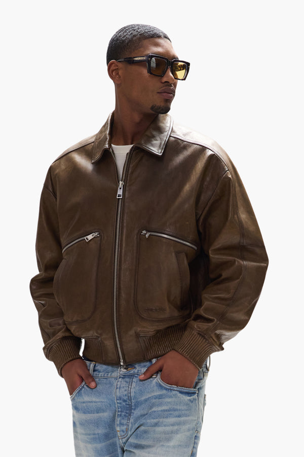 Purple Brand Distressed Leather Bomber Jacket Brown